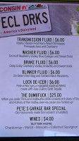 Pete's Garage menu