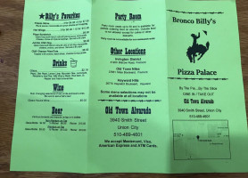 Bronco Billy's Pizza Palace menu