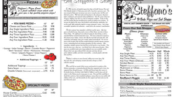 Steffano's U-Bake Pizza & Sub Shoppe, LLC menu