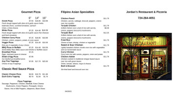 Jordans Pizzeria menu