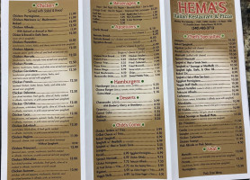 Hema's Italian menu