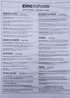 Zinc@shade Lounge menu