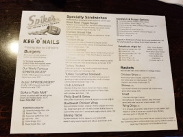 Spikes Keg o Nails menu