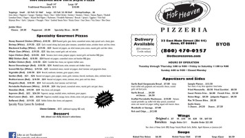 Hot Heaven Pizzeria menu