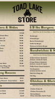 Toad Lake Store menu