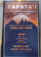 Zapata's Mexican menu