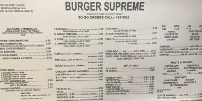 Burger Supreme Drive-inn menu