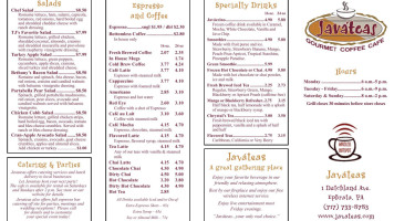 Javateas Gourmet Coffee Cafe menu