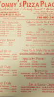 Tommy's Pizza menu