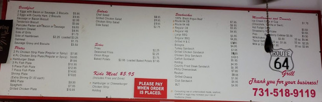 Route 64 Drive-thru menu