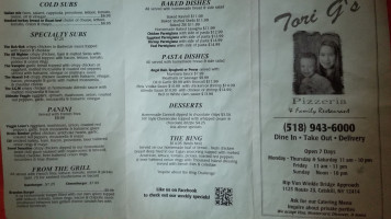 Tori G's menu