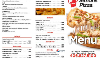 Montana Simple Simon's Pizza menu