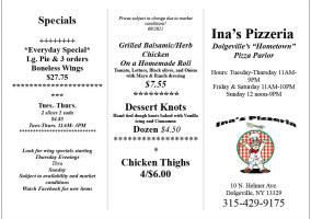 Ina's Pizzeria menu