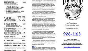 Duneland Pizza menu