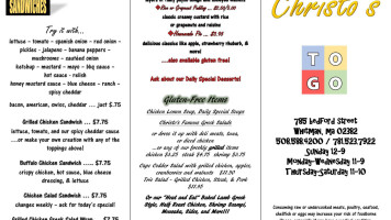 Christo's To Go menu