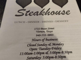 Three Hearts Steakhouse menu