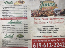 Janos Pizza menu