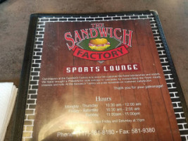 The Sandwich Factory Sports Lounge menu