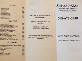 Savas Pizza menu