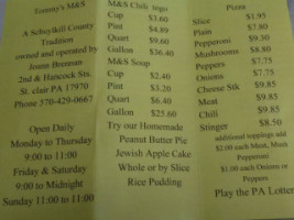 Tommy's M S Lunch menu