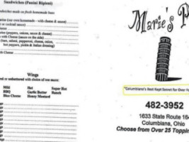 Maries Pizza Shop menu