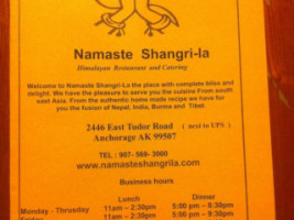 Namaste Shangri-la menu