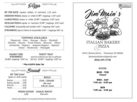 Jim Main's Bakery Pizza menu