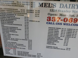 Mel's Dairy menu