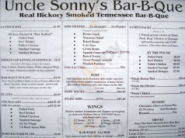 Uncle Sonny's -b-que menu