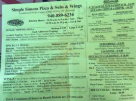 Simple Simon's Pizza menu