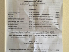 Joey Mcbride's Pub menu