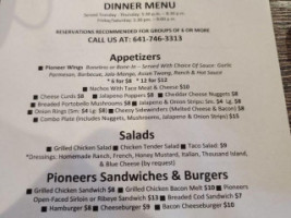 Pioneers Pub Grub menu