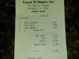 Tacos El Negro Southgate menu