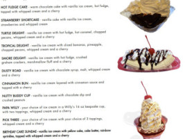 Willy's Ice Cream menu