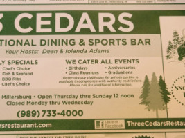 Three Cedars menu