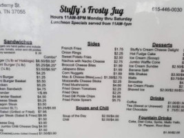 Stuffy's Frosty Jug menu