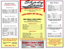 Shady Lane Drive Inn menu